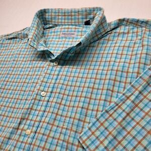 VTG Bullock & Jones Button Down Shirt Mens XL Teal Green SS Plaid Check